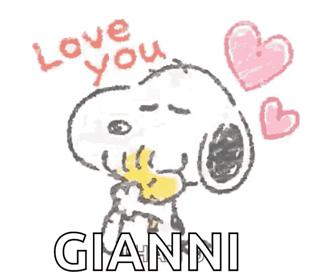 a drawing of snoopy with hearts and the words love you gianni