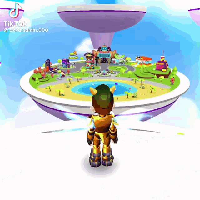 a person in a video game is standing in front of a purple tower ..