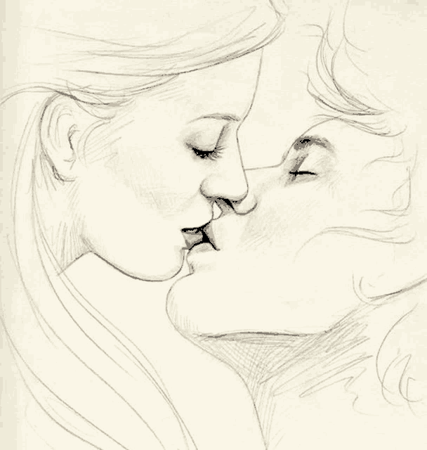 a drawing of a man and a woman kissing