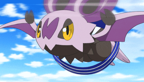 a purple and black cartoon character with yellow eyes is flying in the sky