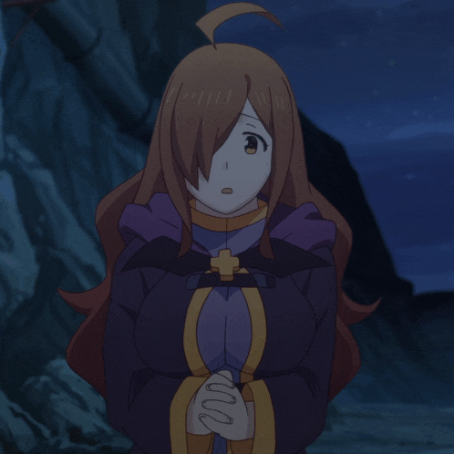 a girl with a cross on her chest is standing in front of a mountain