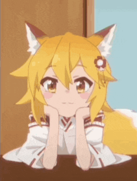 a fox girl is sitting at a table with her head resting on her hands .