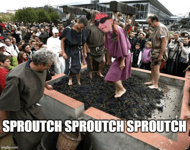 a woman in a purple dress is standing in a pile of grapes with the caption sproutch sproutch sproutch