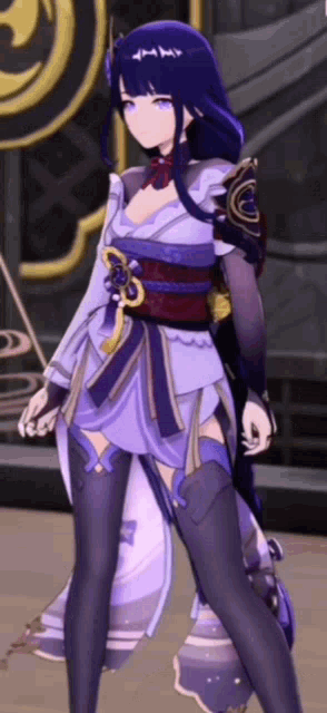 a purple anime girl is standing in front of a building .