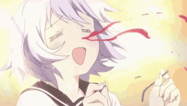 a girl with blood coming out of her nose is making a funny face