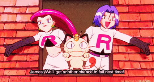 james and jessie from pokemon are standing next to a cat .