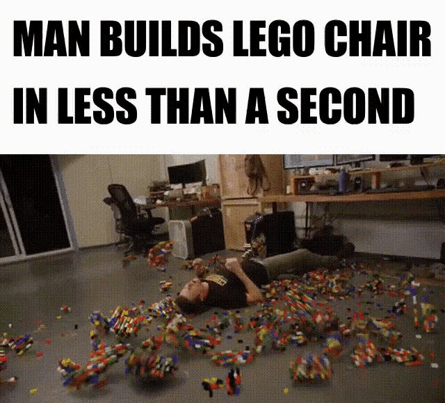 a man builds a lego chair in less than a second laying on the floor