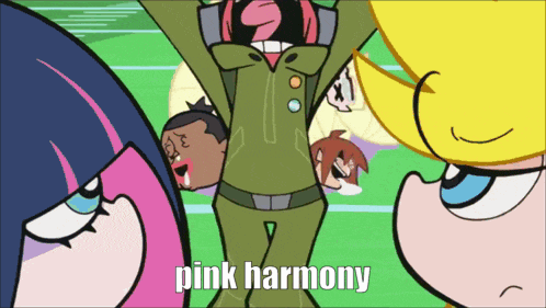 a group of cartoon characters with the words pink harmony on the bottom right
