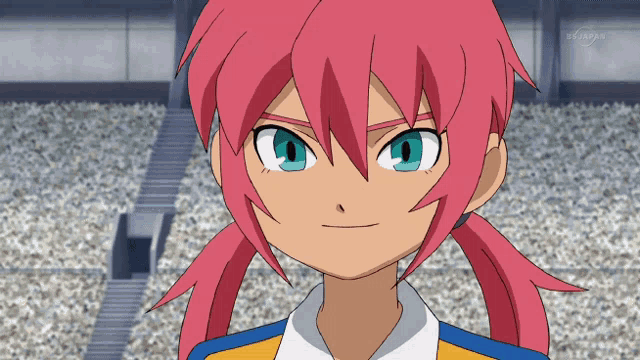 a cartoon character with pink hair and blue eyes is on a tv screen
