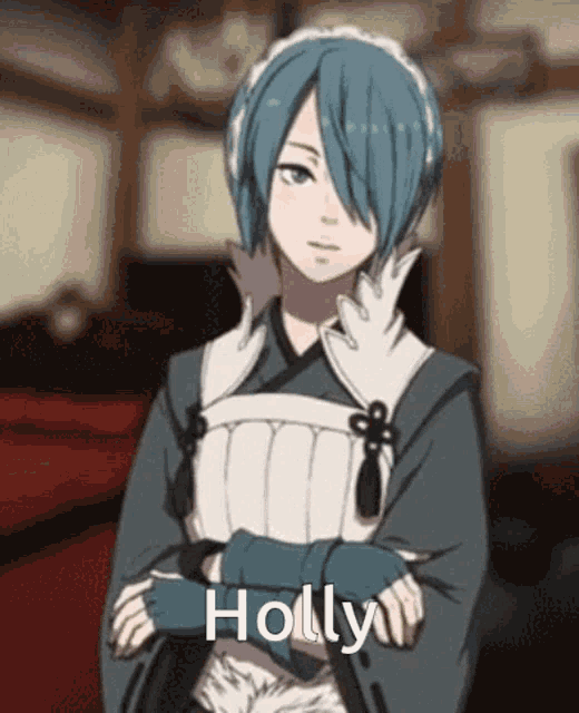 a cartoon character with blue hair and the name holly
