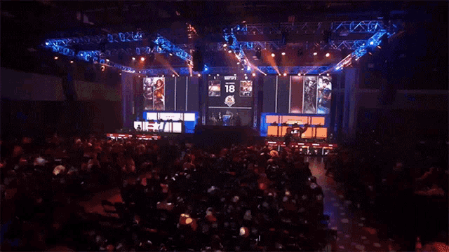 a large crowd of people watching a game with the scoreboard showing 17