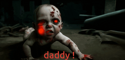 a picture of a baby with red eyes and the word daddy on the bottom