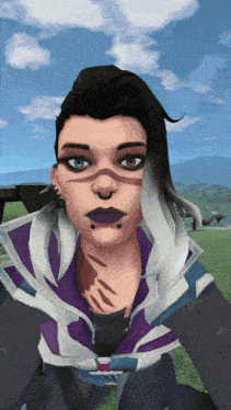 a woman with a tattoo on her face is wearing a purple and white jacket