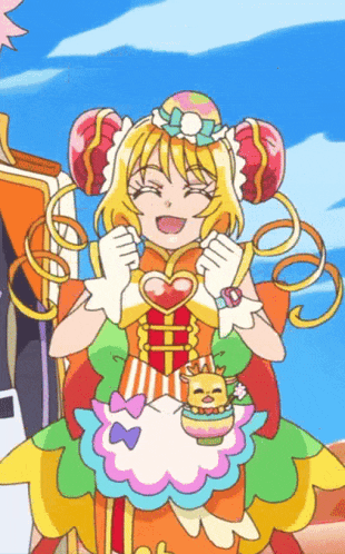 a girl in a colorful dress with a heart in her hair