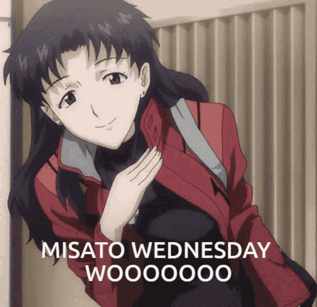 a picture of a girl with the words misato wednesday woooooo on it