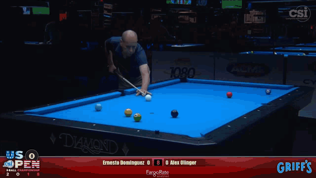 a pool table sponsored by griff 's is shown