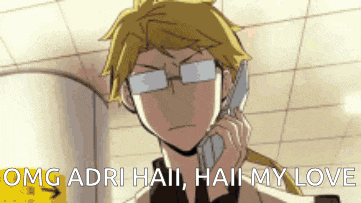 a man wearing glasses is talking on a cell phone and says omg adri haii haii my love