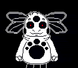 a black and white pixel art of a cartoon character with red eyes