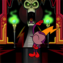 a cartoon character with a crown stands in front of a skull