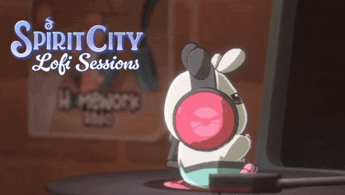 a hamster wearing headphones sits on a record player with the words spirit city lofi sessions behind it