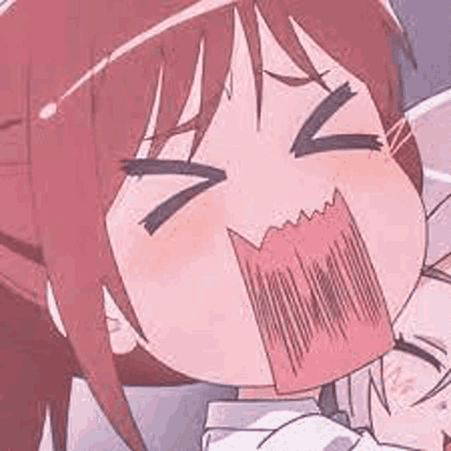 a close up of a cartoon girl with a piece of paper in her mouth .