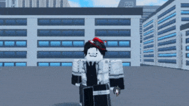 a cartoon character wearing a red hat is standing in front of a building