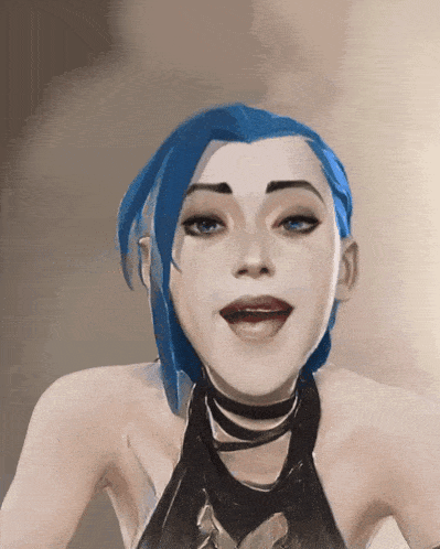 a woman with blue hair and a choker is smiling