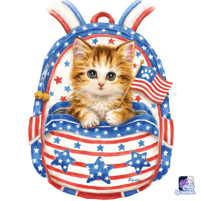 a painting of a kitten sitting in a backpack