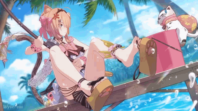 a drawing of a girl sitting on a dock with a cat and a box with the word wyne pain on it
