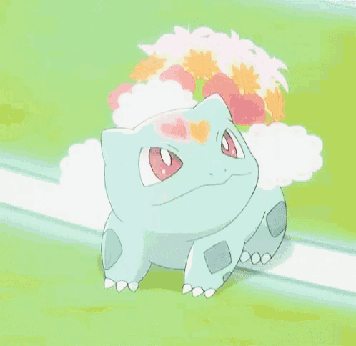 a pokemon with a flower on its head is sitting on a grassy field with its mouth open .