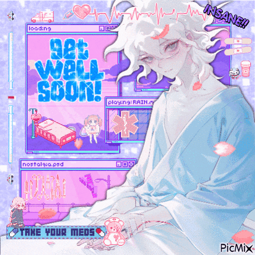 a pixel art of a girl laying in a hospital bed with the words get well soon on the screen