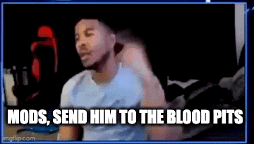 a man is sitting in front of a computer screen with the words `` mods , send him to the blood pits '' written on the screen