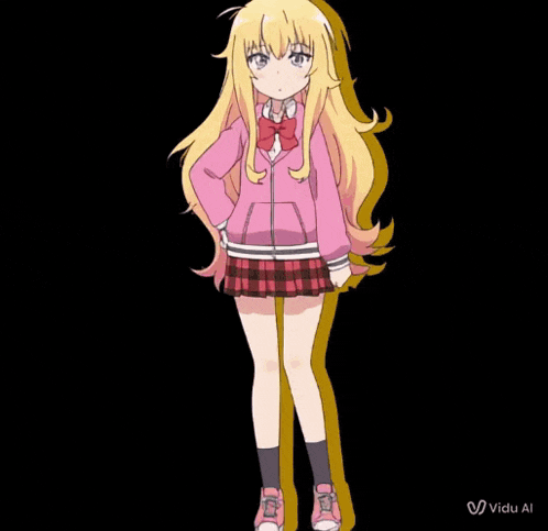 a girl in a pink jacket and red plaid skirt is animated by vidu al