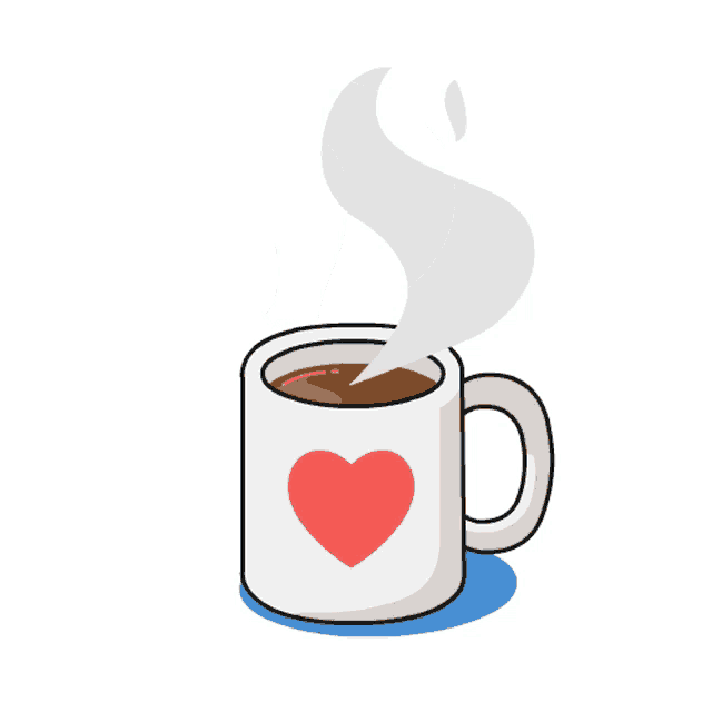 a cup of coffee with a red heart on it and steam coming out of it