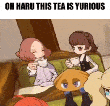 a group of anime girls are sitting on a couch drinking tea and talking to each other .