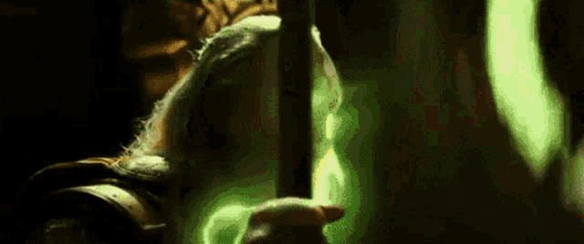 a close up of a person holding a green object in their hand .