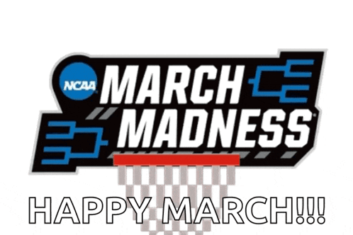 a march madness logo with a basketball in the background