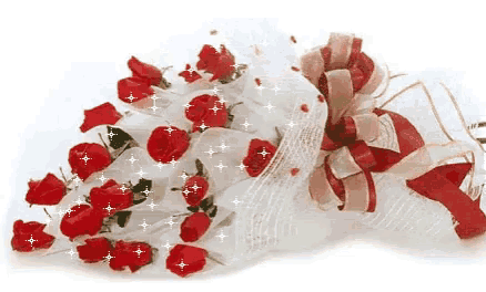 a bouquet of red roses wrapped in white cloth with a bow
