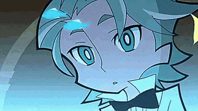 a close up of a cartoon character with blue eyes and a bow tie .