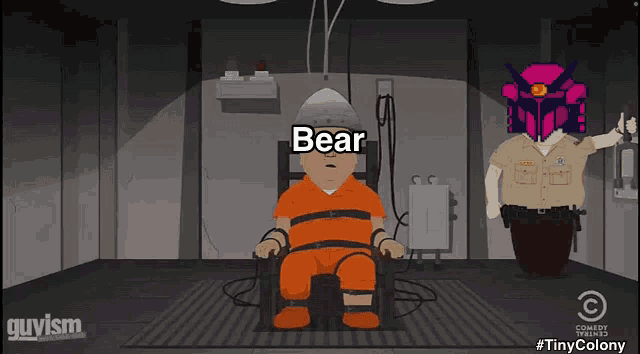 a cartoon bear is sitting in a chair with a helmet on his head