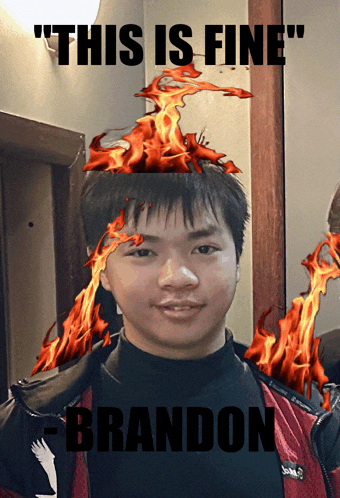 a man with flames on his head and the words " this is fine "