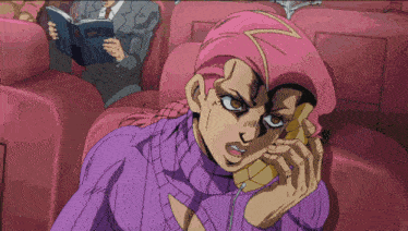 a pink haired anime character is talking on a cell phone