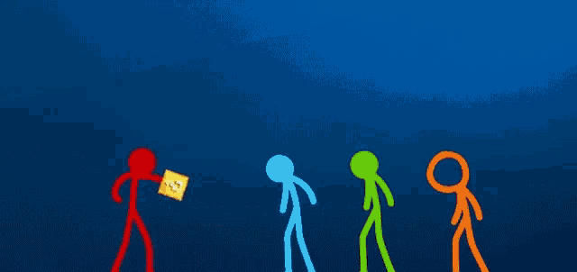 a group of stick figures standing next to each other with a blue background