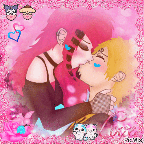 a picture of a girl and a boy kissing with the word love written on the bottom