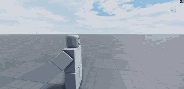 a white roblox character with a smiley face is standing on a grid floor