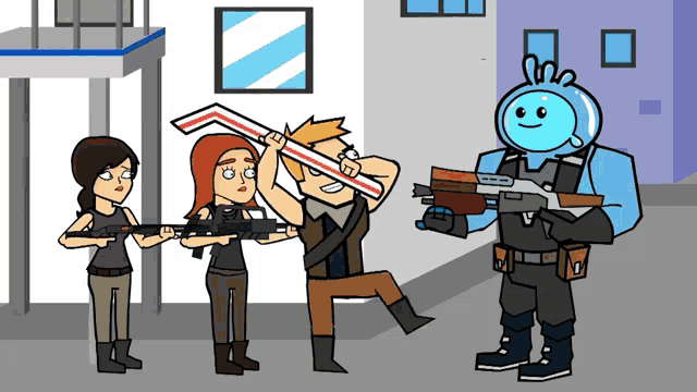 a cartoon of a man holding a sword and a woman holding a rifle
