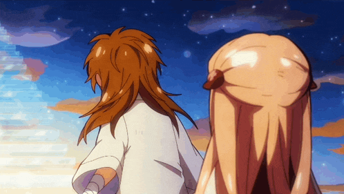 a cartoon drawing of a man and a woman with long hair