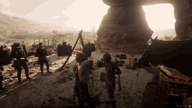 a screenshot of a video game shows a group of people standing around a campfire and a box that says treasure