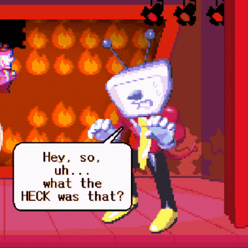 a pixel art of a cartoon character saying hey so what the heck was that