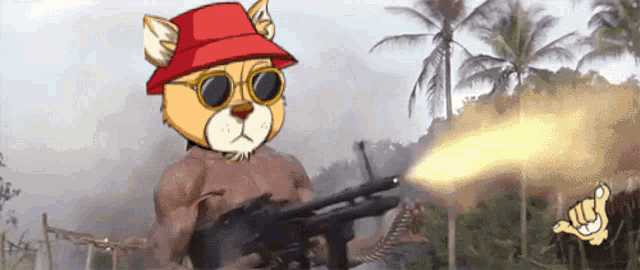a cartoon cat wearing sunglasses and a red hat holding a gun